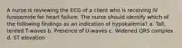 A nurse is reviewing the ECG of a client who is receiving IV furosemide for heart failure. The nurse should identify which of the following findings as an indication of hypokalemia? a. Tall, tented T-waves b. Presence of U-waves c. Widened QRS complex d. ST elevation