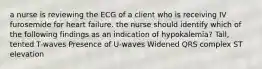 a nurse is reviewing the ECG of a client who is receiving IV furosemide for heart failure. the nurse should identify which of the following findings as an indication of hypokalemia? Tall, tented T-waves Presence of U-waves Widened QRS complex ST elevation