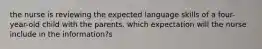 the nurse is reviewing the expected language skills of a four-year-old child with the parents. which expectation will the nurse include in the information?s