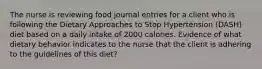 The nurse is reviewing food journal entries for a client who is following the Dietary Approaches to Stop Hypertension (DASH) diet based on a daily intake of 2000 calories. Evidence of what dietary behavior indicates to the nurse that the client is adhering to the guidelines of this diet?