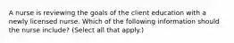 A nurse is reviewing the goals of the client education with a newly licensed nurse. Which of the following information should the nurse include? (Select all that apply.)