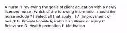 A nurse is reviewing the goals of client education with a newly licensed nurse . Which of the following information should the nurse include ? ( Select all that apply . ) A. Improvement of health B. Provide knowledge about an illness or injury C. Relevance D. Health promotion E. Motivation