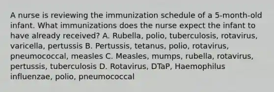 A nurse is reviewing the immunization schedule of a 5-month-old infant. What immunizations does the nurse expect the infant to have already received? A. Rubella, polio, tuberculosis, rotavirus, varicella, pertussis B. Pertussis, tetanus, polio, rotavirus, pneumococcal, measles C. Measles, mumps, rubella, rotavirus, pertussis, tuberculosis D. Rotavirus, DTaP, Haemophilus influenzae, polio, pneumococcal