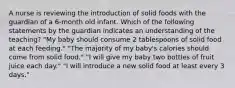 A nurse is reviewing the introduction of solid foods with the guardian of a 6-month old infant. Which of the following statements by the guardian indicates an understanding of the teaching? "My baby should consume 2 tablespoons of solid food at each feeding." "The majority of my baby's calories should come from solid food." "I will give my baby two bottles of fruit juice each day." "I will introduce a new solid food at least every 3 days."