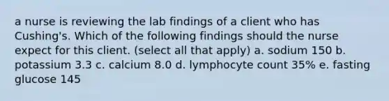 a nurse is reviewing the lab findings of a client who has Cushing's. Which of the following findings should the nurse expect for this client. (select all that apply) a. sodium 150 b. potassium 3.3 c. calcium 8.0 d. lymphocyte count 35% e. fasting glucose 145