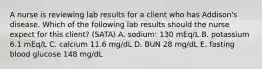 A nurse is reviewing lab results for a client who has Addison's disease. Which of the following lab results should the nurse expect for this client? (SATA) A. sodium: 130 mEq/L B. potassium 6.1 mEq/L C. calcium 11.6 mg/dL D. BUN 28 mg/dL E. fasting blood glucose 148 mg/dL