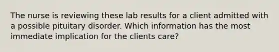 The nurse is reviewing these lab results for a client admitted with a possible pituitary disorder. Which information has the most immediate implication for the clients care?