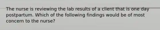 The nurse is reviewing the lab results of a client that is one day postpartum. Which of the following findings would be of most concern to the nurse?