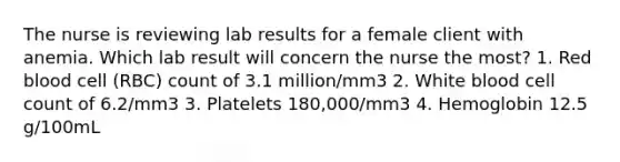 The nurse is reviewing lab results for a female client with anemia. Which lab result will concern the nurse the most? 1. Red blood cell (RBC) count of 3.1 million/mm3 2. White blood cell count of 6.2/mm3 3. Platelets 180,000/mm3 4. Hemoglobin 12.5 g/100mL