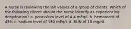 A nurse is reviewing the lab values of a group of clients. Which of the following clients should the nurse identify as experiencing dehydration? a. potassium level of 4.4 mEq/L b. hematocrit of 45% c. sodium level of 150 mEq/L d. BUN of 18 mg/dL