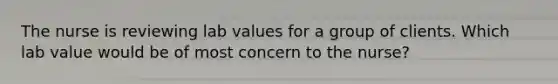 The nurse is reviewing lab values for a group of clients. Which lab value would be of most concern to the nurse?