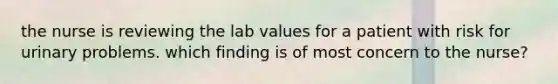 the nurse is reviewing the lab values for a patient with risk for urinary problems. which finding is of most concern to the nurse?