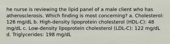 he nurse is reviewing the lipid panel of a male client who has atherosclerosis. Which finding is most concerning? a. Cholesterol: 126 mg/dL b. High-density lipoprotein cholesterol (HDL-C): 48 mg/dL c. Low-density lipoprotein cholesterol (LDL-C): 122 mg/dL d. Triglycerides: 198 mg/dL