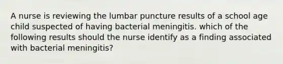 A nurse is reviewing the lumbar puncture results of a school age child suspected of having bacterial meningitis. which of the following results should the nurse identify as a finding associated with bacterial meningitis?