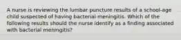 A nurse is reviewing the lumbar puncture results of a school-age child suspected of having bacterial meningitis. Which of the following results should the nurse identify as a finding associated with bacterial meningitis?