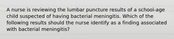 A nurse is reviewing the lumbar puncture results of a school-age child suspected of having bacterial meningitis. Which of the following results should the nurse identify as a finding associated with bacterial meningitis?