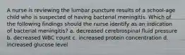 A nurse is reviewing the lumbar puncture results of a school-age child who is suspected of having bacterial meningitis. Which of the following findings should the nurse identify as an indication of bacterial meningitis? a. decreased cerebrospinal fluid pressure b. decreased WBC count c. increased protein concentration d. increased glucose level