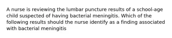 A nurse is reviewing the lumbar puncture results of a school-age child suspected of having bacterial meningitis. Which of the following results should the nurse identify as a finding associated with bacterial meningitis