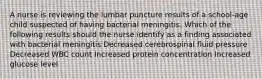 A nurse is reviewing the lumbar puncture results of a school-age child suspected of having bacterial meningitis. Which of the following results should the nurse identify as a finding associated with bacterial meningitis Decreased cerebrospinal fluid pressure Decreased WBC count Increased protein concentration Increased glucose level