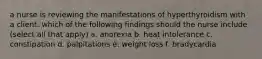 a nurse is reviewing the manifestations of hyperthyroidism with a client. which of the following findings should the nurse include (select all that apply) a. anorexia b. heat intolerance c. constipation d. palpitations e. weight loss f. bradycardia