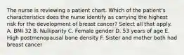 The nurse is reviewing a patient chart. Which of the patient's characteristics does the nurse identify as carrying the highest risk for the development of breast cancer? Select all that apply. A. BMI 32 B. Nulliparity C. Female gender D. 53 years of age E. High postmenopausal bone density F. Sister and mother both had breast cancer