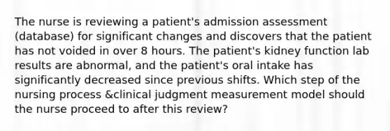 The nurse is reviewing a patient's admission assessment (database) for significant changes and discovers that the patient has not voided in over 8 hours. The patient's kidney function lab results are abnormal, and the patient's oral intake has significantly decreased since previous shifts. Which step of the nursing process &clinical judgment measurement model should the nurse proceed to after this review?