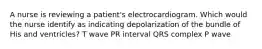 A nurse is reviewing a patient's electrocardiogram. Which would the nurse identify as indicating depolarization of the bundle of His and ventricles? T wave PR interval QRS complex P wave