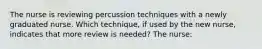 The nurse is reviewing percussion techniques with a newly graduated nurse. Which technique, if used by the new nurse, indicates that more review is needed? The nurse: