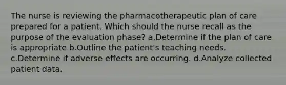 The nurse is reviewing the pharmacotherapeutic plan of care prepared for a patient. Which should the nurse recall as the purpose of the evaluation phase? a.Determine if the plan of care is appropriate b.Outline the patient's teaching needs. c.Determine if adverse effects are occurring. d.Analyze collected patient data.