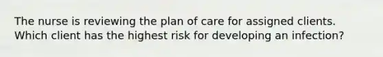 The nurse is reviewing the plan of care for assigned clients. Which client has the highest risk for developing an infection?