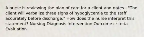 A nurse is reviewing the plan of care for a client and notes : "The client will verbalize three signs of hypoglycemia to the staff accurately before discharge." How does the nurse interpret this statement? Nursing Diagnosis Intervention Outcome criteria Evaluation