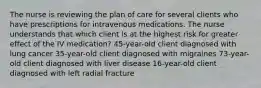 The nurse is reviewing the plan of care for several clients who have prescriptions for intravenous medications. The nurse understands that which client is at the highest risk for greater effect of the IV medication? 45-year-old client diagnosed with lung cancer 35-year-old client diagnosed with migraines 73-year-old client diagnosed with liver disease 16-year-old client diagnosed with left radial fracture