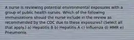 A nurse is reviewing potential environmental exposures with a group of public health nurses. Which of the following immunizations should the nurse include in the review as recommended by the CDC due to these exposures? (Select all that apply.) a) Hepatitis B b) Hepatitis A c) Influenza d) MMR e) Pneumonia.