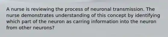 A nurse is reviewing the process of neuronal transmission. The nurse demonstrates understanding of this concept by identifying which part of the neuron as carring information into the neuron from other neurons?