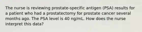 The nurse is reviewing prostate-specific antigen (PSA) results for a patient who had a prostatectomy for prostate cancer several months ago. The PSA level is 40 ng/mL. How does the nurse interpret this data?