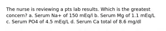 The nurse is reviewing a pts lab results. Which is the greatest concern? a. Serum Na+ of 150 mEq/l b. Serum Mg of 1.1 mEq/L c. Serum PO4 of 4.5 mEq/L d. Serum Ca total of 8.6 mg/dl