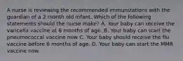 A nurse is reviewing the recommended immunizations with the guardian of a 2 month old infant. Which of the following statements should the nurse make? A. Your baby can receive the varicella vaccine at 6 months of age. B. Your baby can start the pneumococcal vaccine now C. Your baby should receive the flu vaccine before 6 months of age. D. Your baby can start the MMR vaccine now.