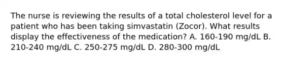 The nurse is reviewing the results of a total cholesterol level for a patient who has been taking simvastatin (Zocor). What results display the effectiveness of the medication? A. 160-190 mg/dL B. 210-240 mg/dL C. 250-275 mg/dL D. 280-300 mg/dL