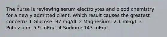 The nurse is reviewing serum electrolytes and blood chemistry for a newly admitted client. Which result causes the greatest concern? 1 Glucose: 97 mg/dL 2 Magnesium: 2.1 mEq/L 3 Potassium: 5.9 mEq/L 4 Sodium: 143 mEq/L