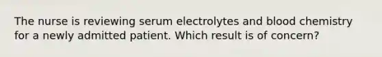 The nurse is reviewing serum electrolytes and blood chemistry for a newly admitted patient. Which result is of concern?