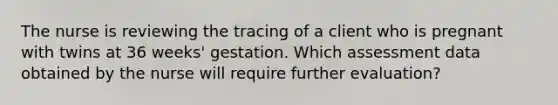 The nurse is reviewing the tracing of a client who is pregnant with twins at 36 weeks' gestation. Which assessment data obtained by the nurse will require further evaluation?