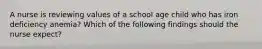 A nurse is reviewing values of a school age child who has iron deficiency anemia? Which of the following findings should the nurse expect?