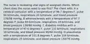 The nurse is reviewing vital signs of assigned clients. Which client does the nurse need to see first? The client with: A a cerebral contusion with a temperature of 98.7 degrees F, pulse 50 b/minute, respirations 20 b/minute, and blood pressure 176/58 mmHg. B atherosclerosis with a temperature of 97.7 degrees F, pulse 60 b/minute, respirations 18 b/minute, and blood pressure 138/88 mmHg. C diabetes mellitus with a temperature of 97.6 degrees F, pulse 110 b/minute, respirations 18 b/minute, and blood pressure 90/60 mmHg. D pneumonia with a temperature of 101.8 degrees F, pulse 104 b/minute, respirations 25 b/minute, and blood pressure 150/78 mmHg.