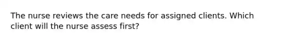 The nurse reviews the care needs for assigned clients. Which client will the nurse assess first?