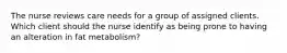 The nurse reviews care needs for a group of assigned clients. Which client should the nurse identify as being prone to having an alteration in fat metabolism?