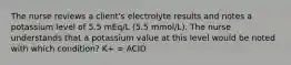 The nurse reviews a client's electrolyte results and notes a potassium level of 5.5 mEq/L (5.5 mmol/L). The nurse understands that a potassium value at this level would be noted with which condition? K+ = ACID