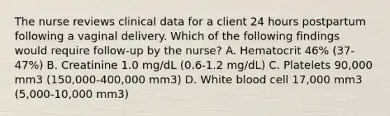 The nurse reviews clinical data for a client 24 hours postpartum following a vaginal delivery. Which of the following findings would require follow-up by the nurse? A. Hematocrit 46% (37-47%) B. Creatinine 1.0 mg/dL (0.6-1.2 mg/dL) C. Platelets 90,000 mm3 (150,000-400,000 mm3) D. White blood cell 17,000 mm3 (5,000-10,000 mm3)