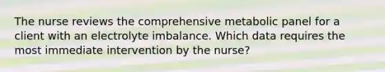 The nurse reviews the comprehensive metabolic panel for a client with an electrolyte imbalance. Which data requires the most immediate intervention by the nurse?