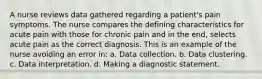 A nurse reviews data gathered regarding a patient's pain symptoms. The nurse compares the defining characteristics for acute pain with those for chronic pain and in the end, selects acute pain as the correct diagnosis. This is an example of the nurse avoiding an error in: a. Data collection. b. Data clustering. c. Data interpretation. d. Making a diagnostic statement.