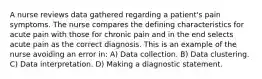 A nurse reviews data gathered regarding a patient's pain symptoms. The nurse compares the defining characteristics for acute pain with those for chronic pain and in the end selects acute pain as the correct diagnosis. This is an example of the nurse avoiding an error in: A) Data collection. B) Data clustering. C) Data interpretation. D) Making a diagnostic statement.